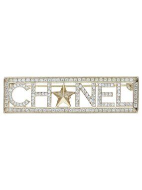 Chanel Rhinestone Logo Brooch Pin Badge Gold